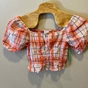 Abound Smocked Crop‎ Top Plaid Puff Sleeve Blouse Orange White Small